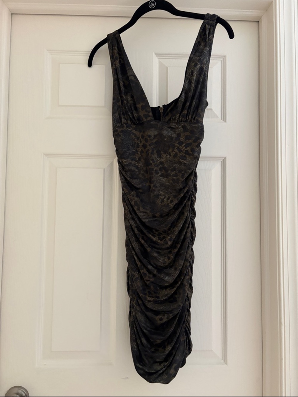 Vintage Bebe Black and Brown Leopard Ruched Mini Dress